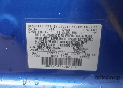 2017 Nissan Versa 1.6 Sv from USA, damaged, VIN 3N1CN7AP5HL864644